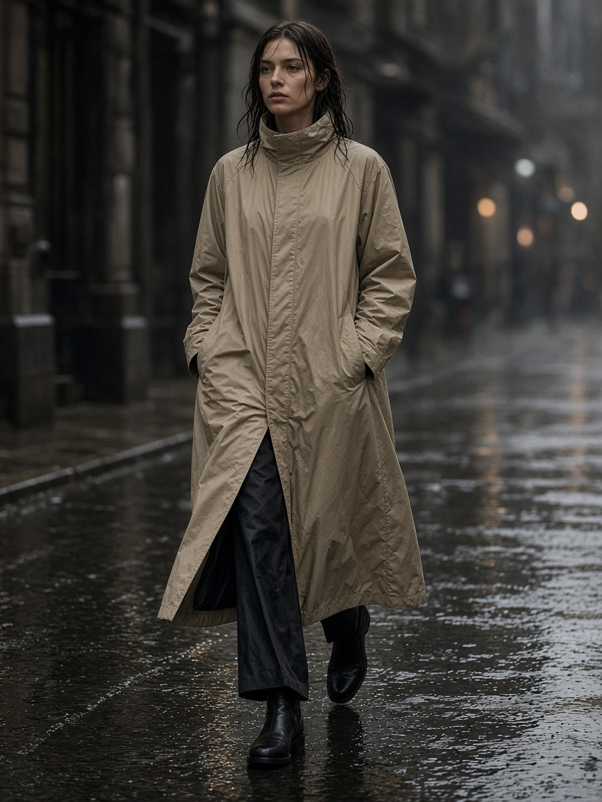 Look 01 — sand coat on a wet street