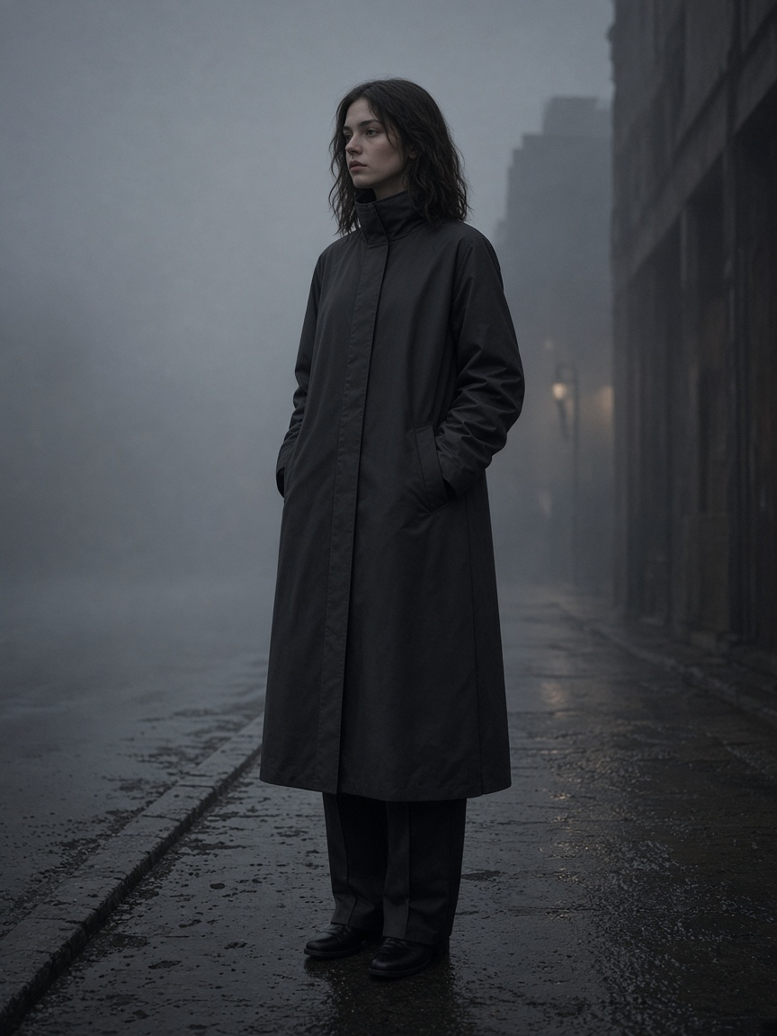 Look 03 — long coat in fog